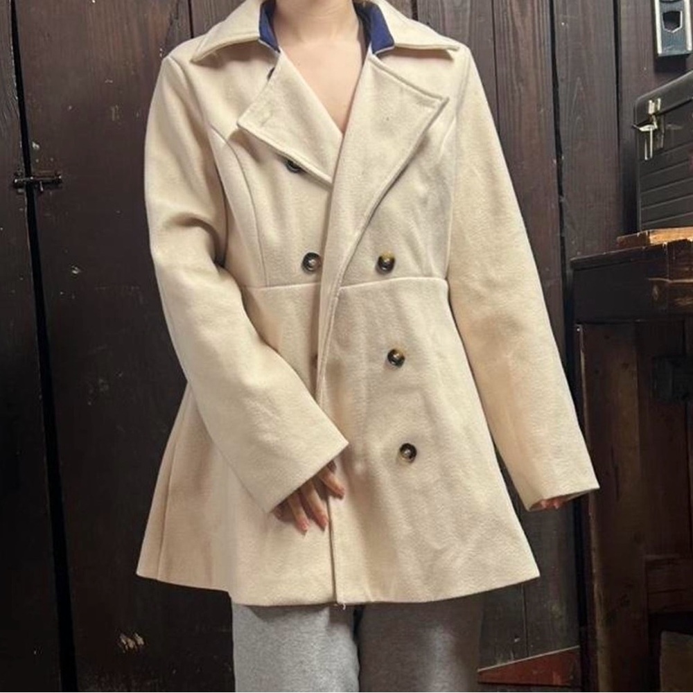 Elegant Cream Double-Breasted Women's Coat, Pea Coat